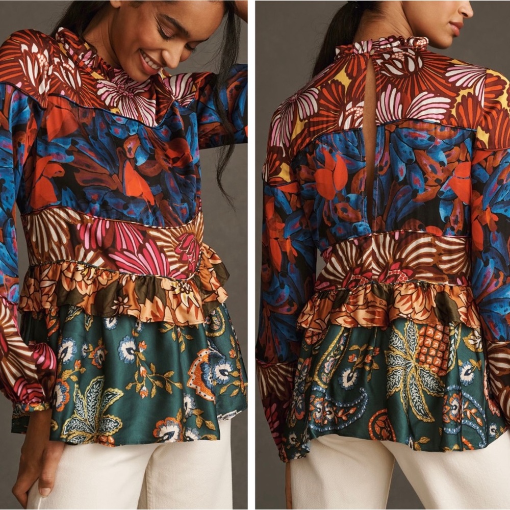 Farm Rio Long Sleeve Printed Tiered Blouse, Size S